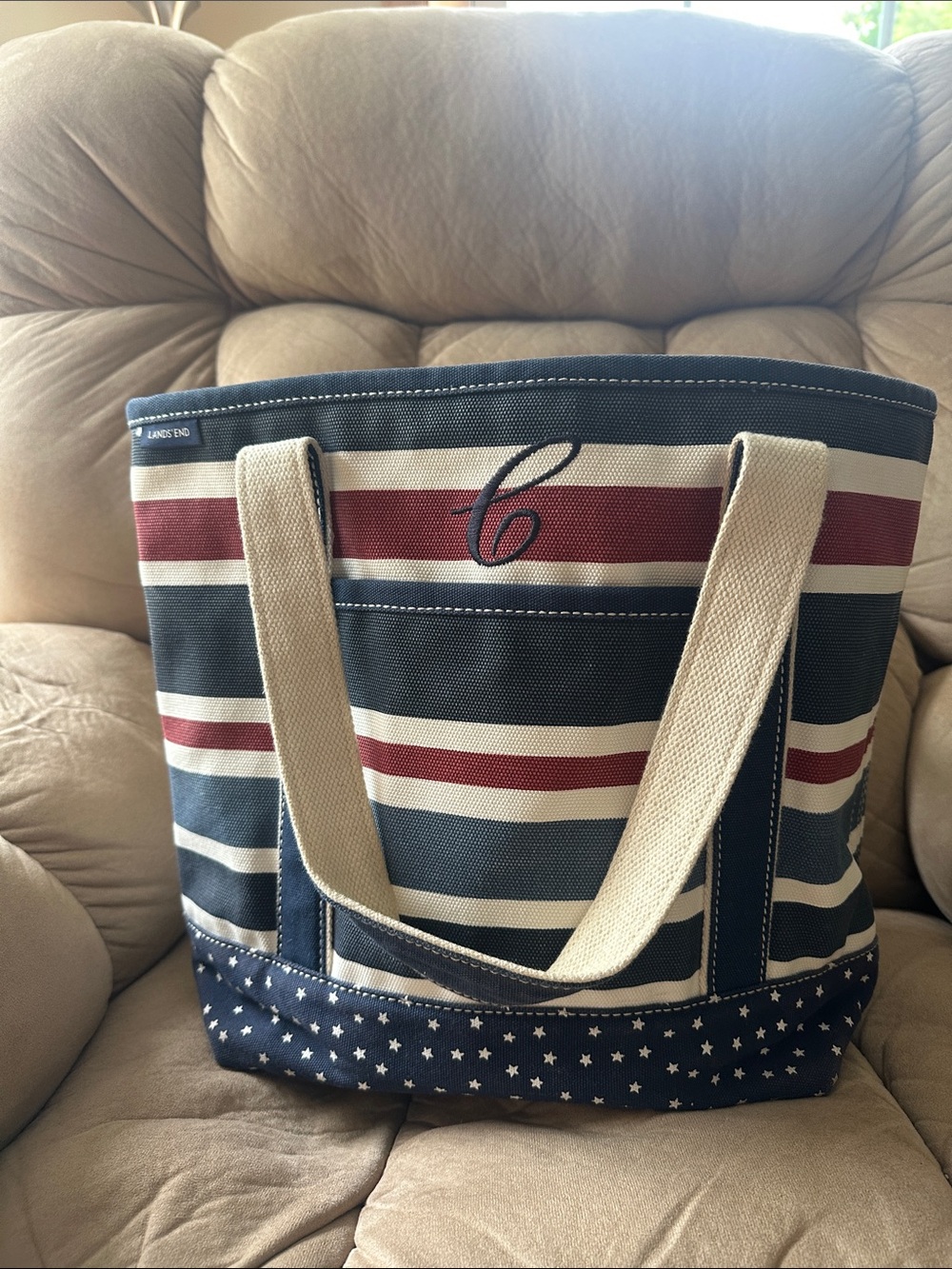 Lands' End Navy, Red & Cream Striped Canvas Tote